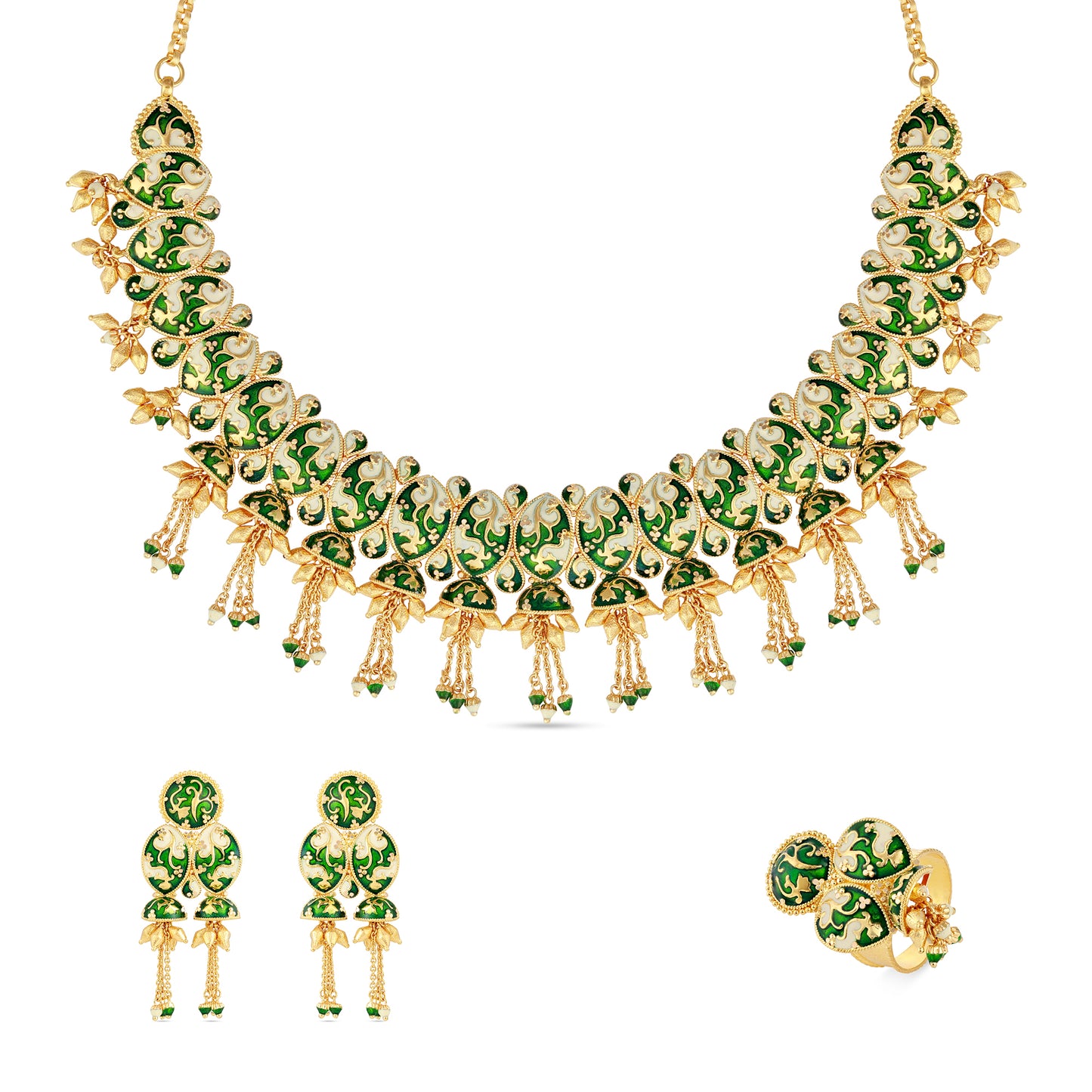Green & Ivory Mina Designer - 21K Gold Necklace Set with Earrings & Ring
