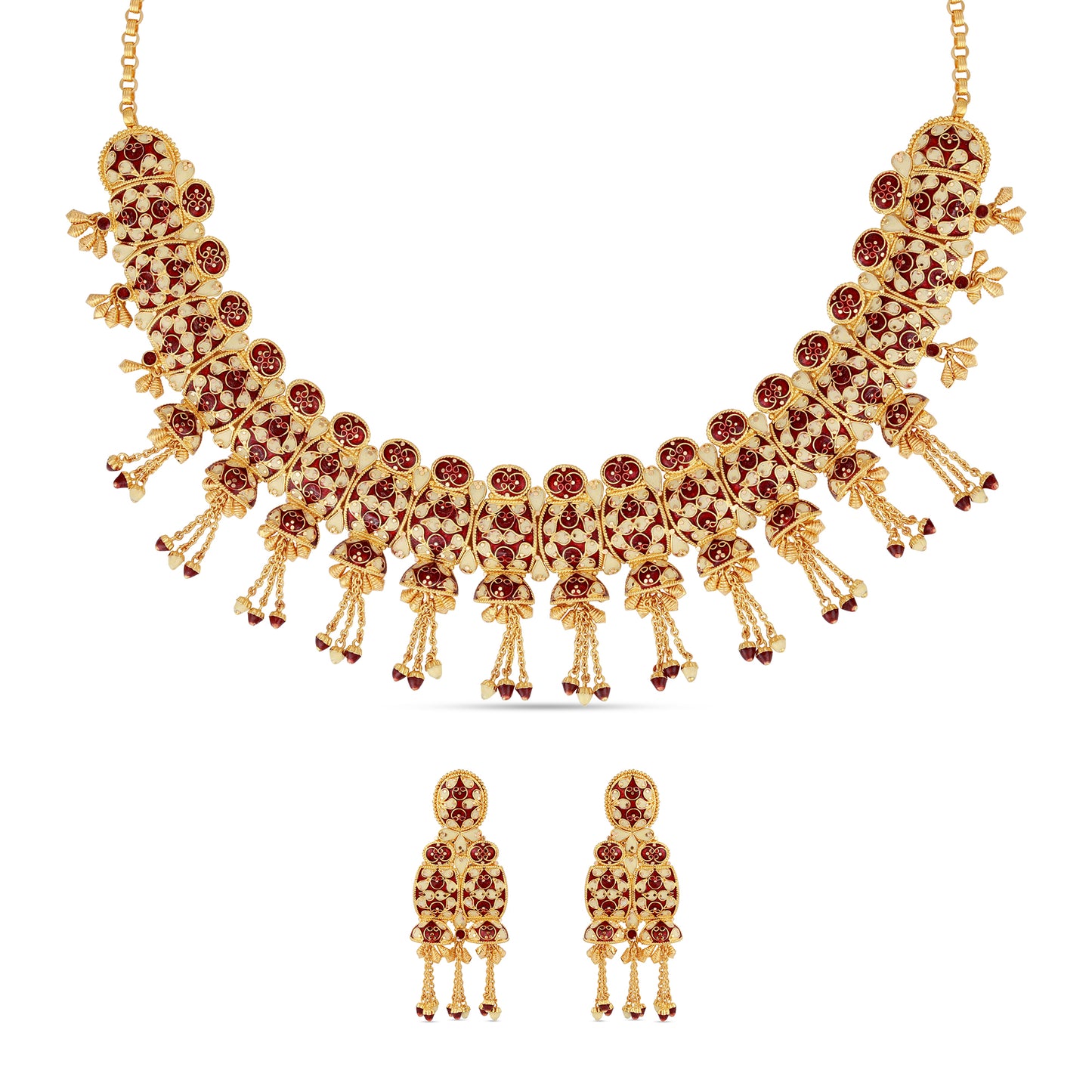 Red & Ivory Mina Classic - 21K Gold Necklace Set with Earrings