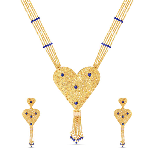 21K Gold Blue Stone – Heart-Shaped Necklace Set with Earrings