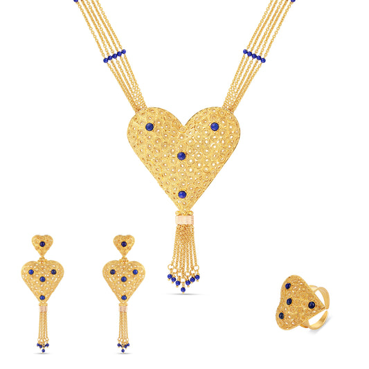 21K Gold Blue Stone – Heart-Shaped Necklace Set with Earrings & Ring