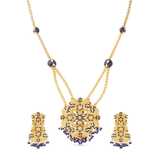 Blue & Ivory Mina Fusion with Blue Stone - 21K Gold Necklace Set with Earrings