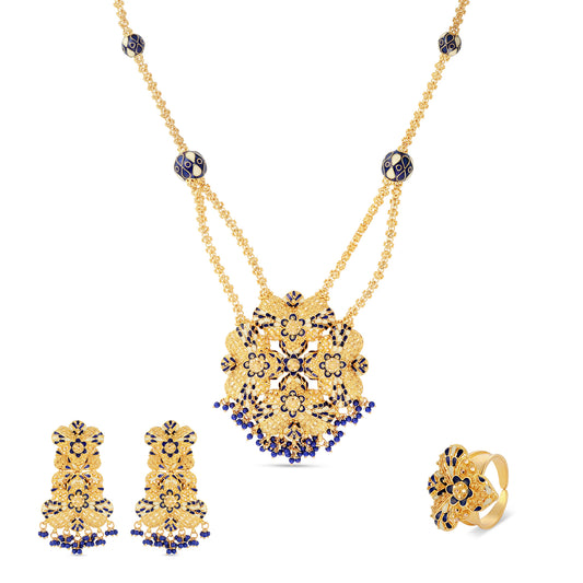 Blue & Ivory Mina Fusion with Blue Stone - 21K Gold Necklace Set with Earrings & Ring