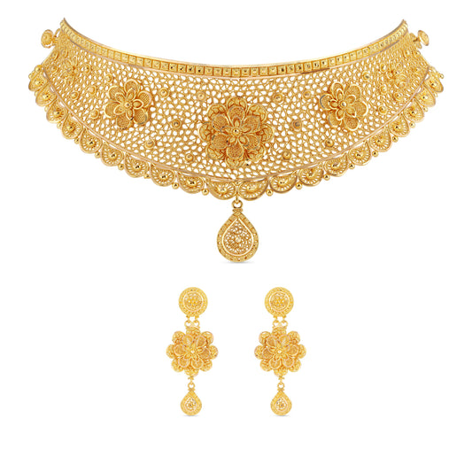 Floral Elegance 21K Gold Choker Necklace Set with Earrings