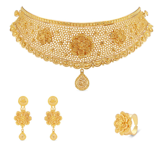 Floral Elegance 21K Gold Choker Necklace Set with Earrings & Ring