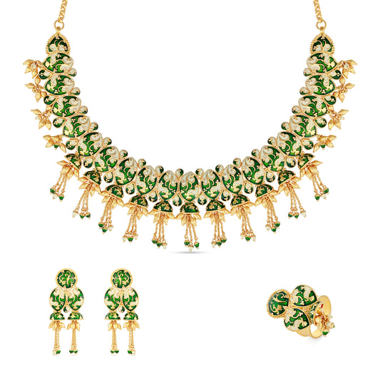 Green & Ivory Mina Designer - 21K Gold Necklace Set with Earrings & Ring