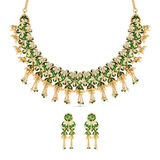 Green & Ivory Mina Designer - 21K Gold Necklace Set with Earrings