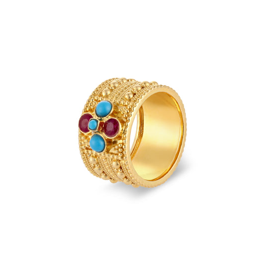 21K Firoza & Ruby Stone Gold Ring