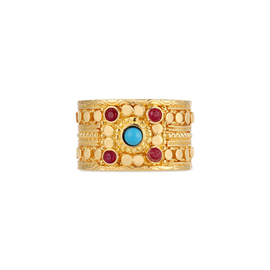 21K Firoza & Ruby Stone Gold Ring