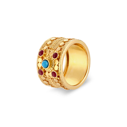 21K Firoza & Ruby Stone Gold Ring