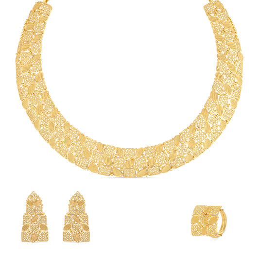 Petal Bloom 21K Gold Necklace Set with Earrings & Ring