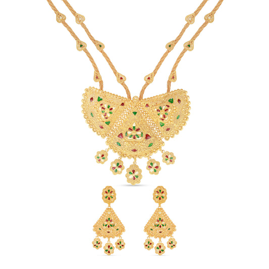 Red, Green & Ivory Mina – Multi Tone Designer in 21K Gold Necklace & Earrings Jewellery Set