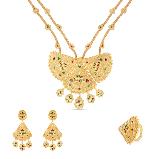 Red, Green & Ivory Mina – Multi Tone Designer in 21K Gold Necklace, Earrings & Ring Jewellery Set