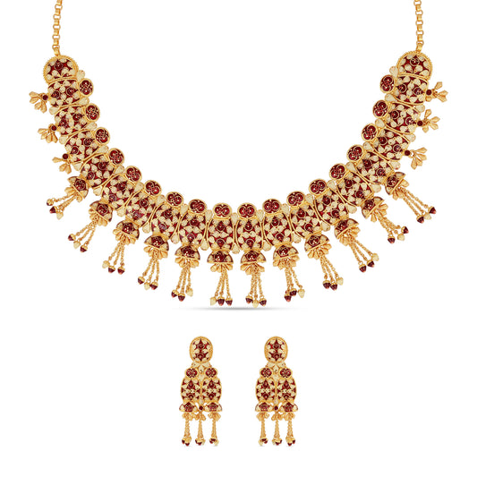 Red & Ivory Mina Classic - 21K Gold Necklace Set with Earrings
