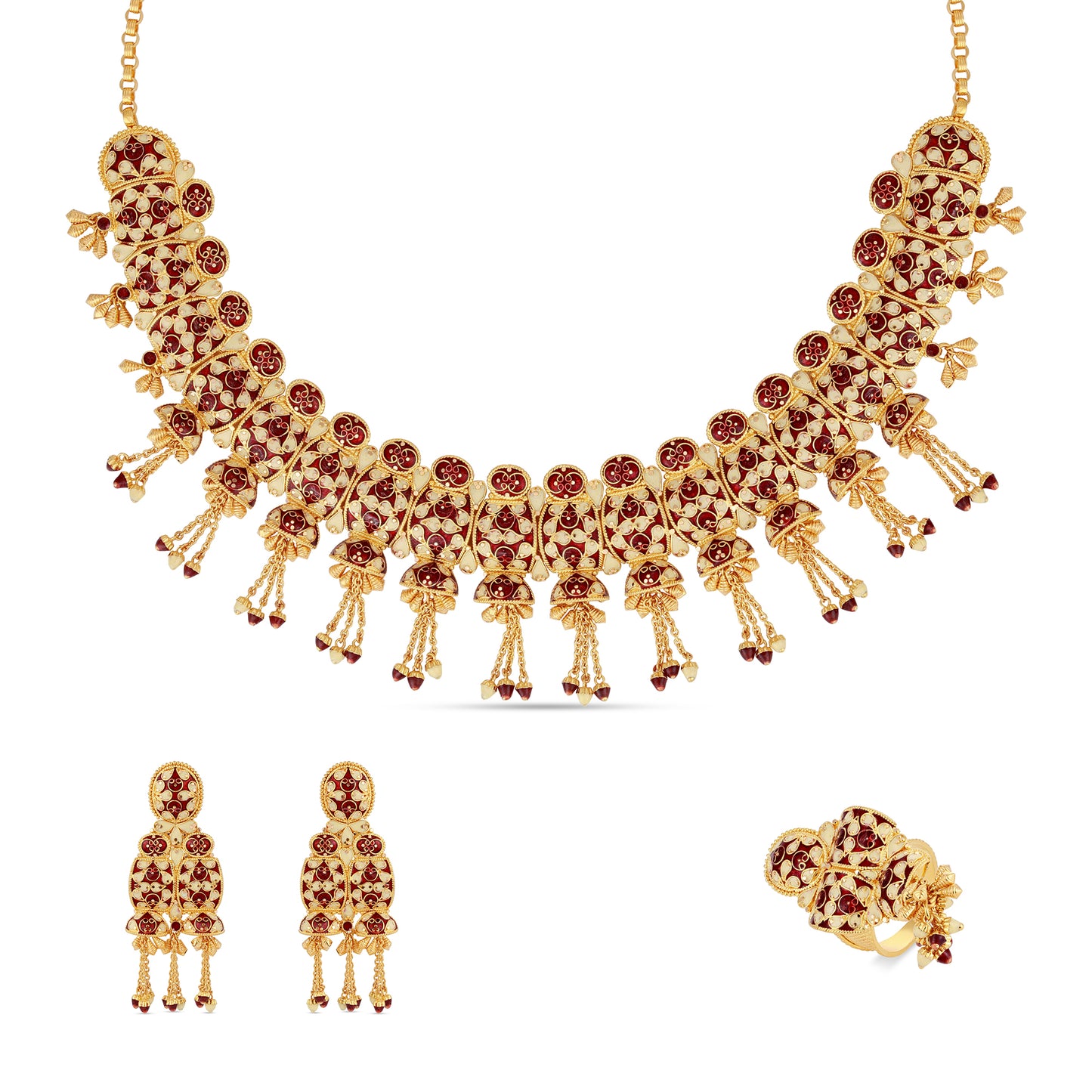 Red & Ivory Mina Classic - 21K Gold Necklace Set with Earrings & Ring
