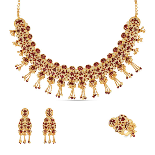 Red & Ivory Mina Classic - 21K Gold Necklace Set with Earrings & Ring