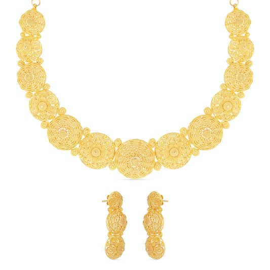 Regal Rosette 21K Gold Necklace Set with Earrings