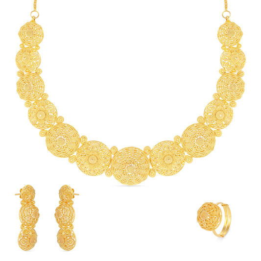 Regal Rosette 21K Gold Necklace Set with Earrings & Ring