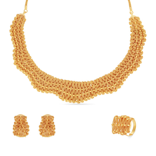 Woven Glow 21K Gold Necklace Set with Earrings & Ring